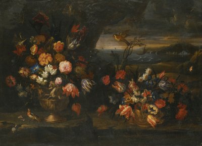 Still Life with Vase of Flowers in a Coastal Landscape Setting by Francesco Mantovano
